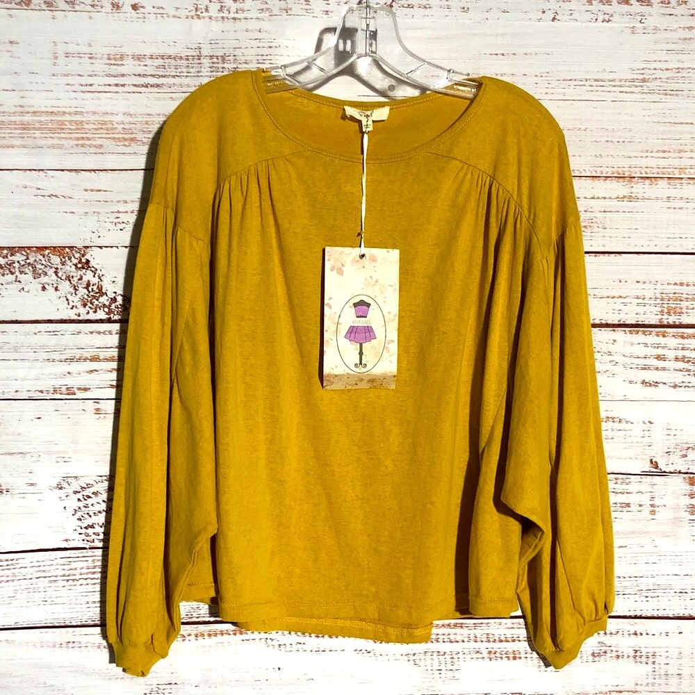 Easel Mustard Yellow Cotton Poly Blend Tee Blouse oversized small NWT PTP 27